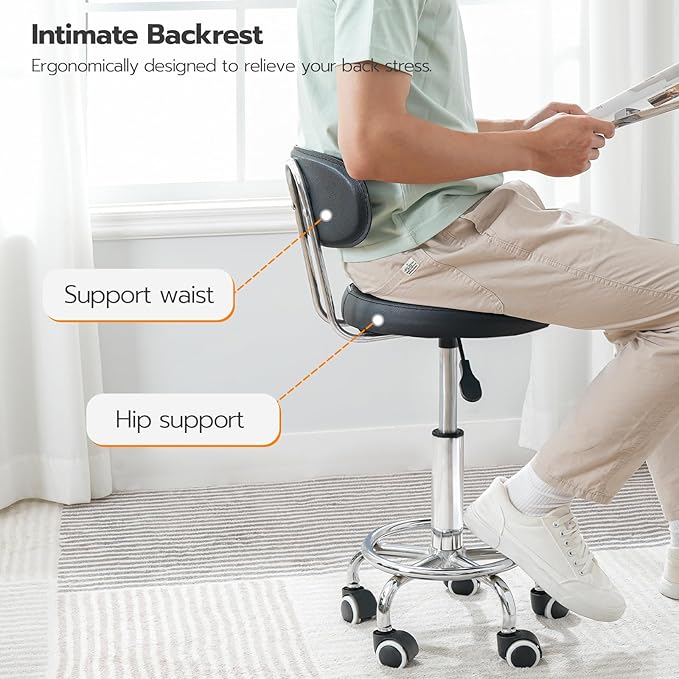 HOOBRO Height Adjustable Rolling Stool, 360° Rotating Drafting Chair, Multi-Purpose Office Desk Chair, Rolling Swivel Salon Stool Chair, for Barber Shop, Nail Salon, Office, Black SB01BY01G1