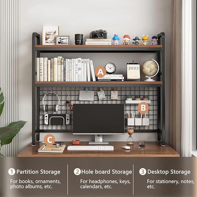 Desktop Hutch Bookshelf, 2-Tier Metal Desk Shelf with Grid Panel, Wooden Desktop Display Rack for Computer Monitor, Countertop Storage Organizer for Office Home Dorm (Black)