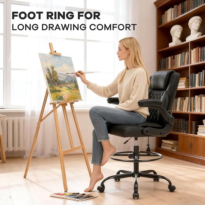 Leather Drafting Chair, Tall Office Chair for Standing Desk, High Executive Office Chair with Inflatable Lumbar Support,Adjustable Height,Flip-up Armres and Foot Ring Studio Chair Black