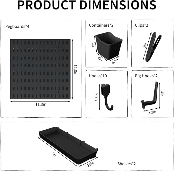 SHGJ&SOFT Peg Board Wall Organizer Panels, 22pcs - Includes 4 Black Pegboards & Accessories, Plastic Pegboard for Home，Office, Craft Room, Gaming Setup, 24″×24″, Wall Mount Display Pegboard Panel Kits
