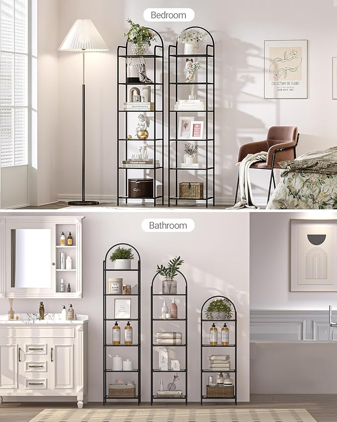 Hzuaneri Bookcase Bookshelf, Tempered Glass Bookshelves, Slim Shelving Unit for Bedroom, Bathroom, Home Office, Steel Frame, 6 Tier Black BC10601B