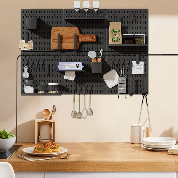 SHGJ&SOFT Peg Board Wall Organizer Panels, 50pcs - Includes 6 Black Pegboards & Accessories, Plastic Pegboard for Home，Office, Craft Room, Gaming Setup, 24″×24″, Wall Mount Display Pegboard Panel Kits