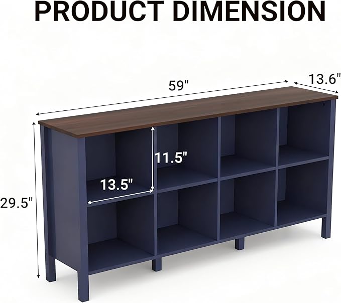 8-Cube Bookcase, Farmhouse Wooden Bookshelf Low Storage Organizer, 59" Horizontal Navy Blue Console with Legs, Hallway Book Case for Entryway, Display Cabinet for Living Room (Navy Blue, 8-Cube)