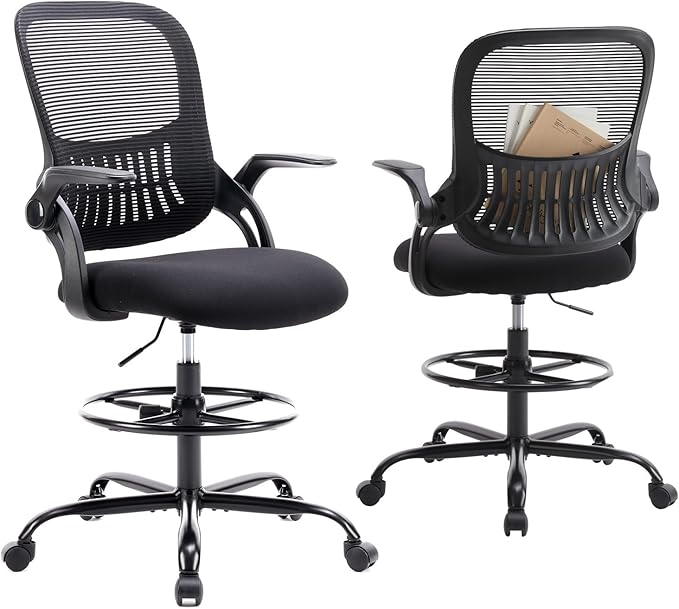 DUMOS Drafting Chair for Standing Desk, Counter Height Adjustable, Flip-up Arms, Ergonomic Mid Back Mesh Rolling Work Swivel Office Computer Chairs with Wheels, Black