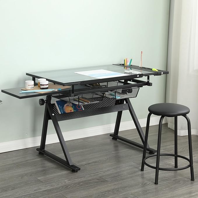 Drafting Table, 0-75° Tilting Glass Tabletop Drawing Table with Stool - Adjustable Height Art Desk with Multi-Storage for Sketching and Painting - Perfect for Artists and Hobbyists, Black