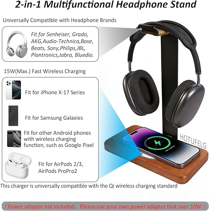 Handmade Wood Headset Stand with Fast Wireless Charging Pad- QI Wireless Charging Dock Compatible with iPhone 17/16/15/14 /Samsung Series,2-in-1 Universal Holder for All Table Headphones