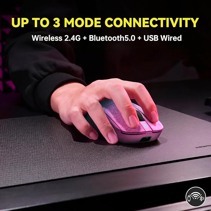 Ajazz AJ199 Wireless Gaming Mouse Ultra-Lightweight 55g Tri-Mode Connection 24000 DPI PAW3311 Sensor Carbon Fiber Shell 500mAh Battery 1K Polling Rate Durable & Anti-Slip Design Black Gradient Purple