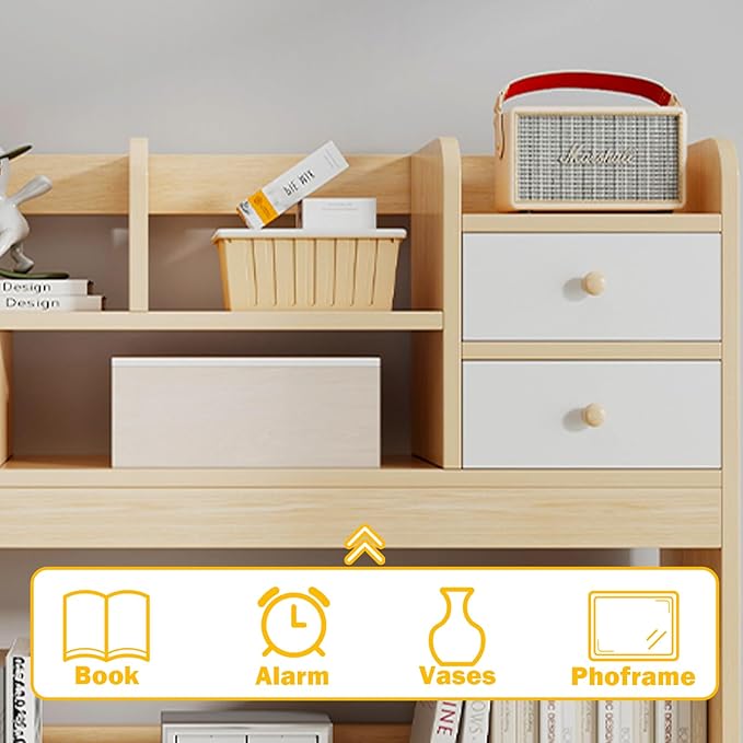 Desktop Bookshelf, Countertop Storage Hutch with 4 Shelves for Computer Desk,Wooden Desktop Hutch Bookshelf,Computer Bookcase for Dorm Office Home(White)