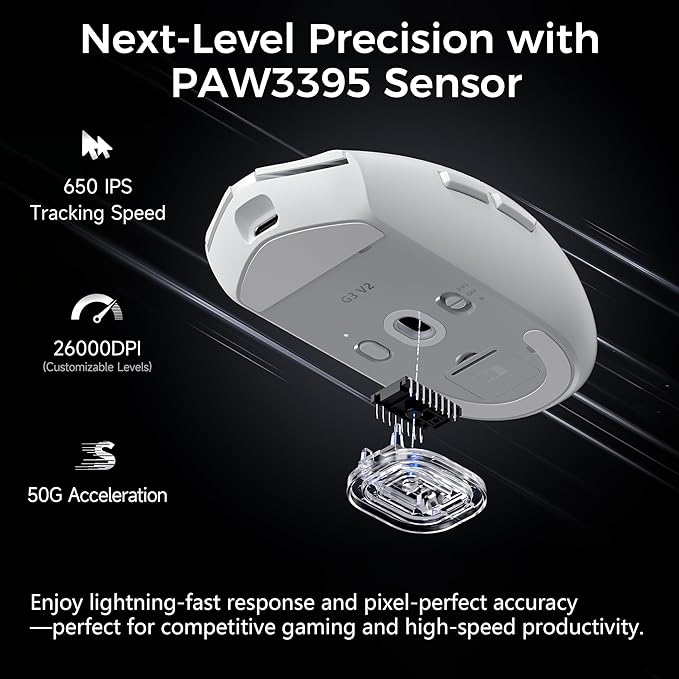 MCHOSE G3 V2 Pro Wireless Gaming Mouse, Symmetrical, PAW3395, 26K DPI, Tri-Mode Connection, Wireless/Wired 1K Polling, 59g Weight, 800mAh Battery - White