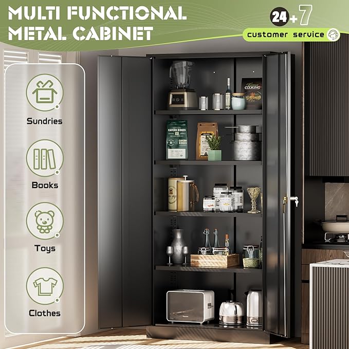 SUNCROWN 72" Metal Storage Cabinet - Heavy-Duty Metal Garage Cabinet with 4 Adjustable Shelves & 2 Doors for Tools, Office, Home, Workshop,Black