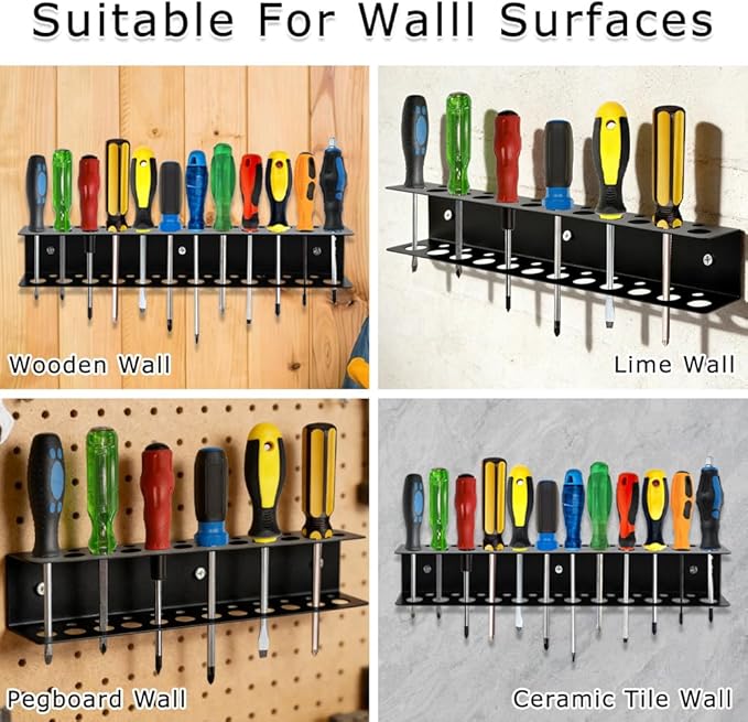 Screwdriver Organizer Wall Mount, Heavy Duty Metal Utility Storage Rack Storage Peg Board Hand Tools Organizer Screw Driver Holder Suitable Garages Homes Workshops Sheds