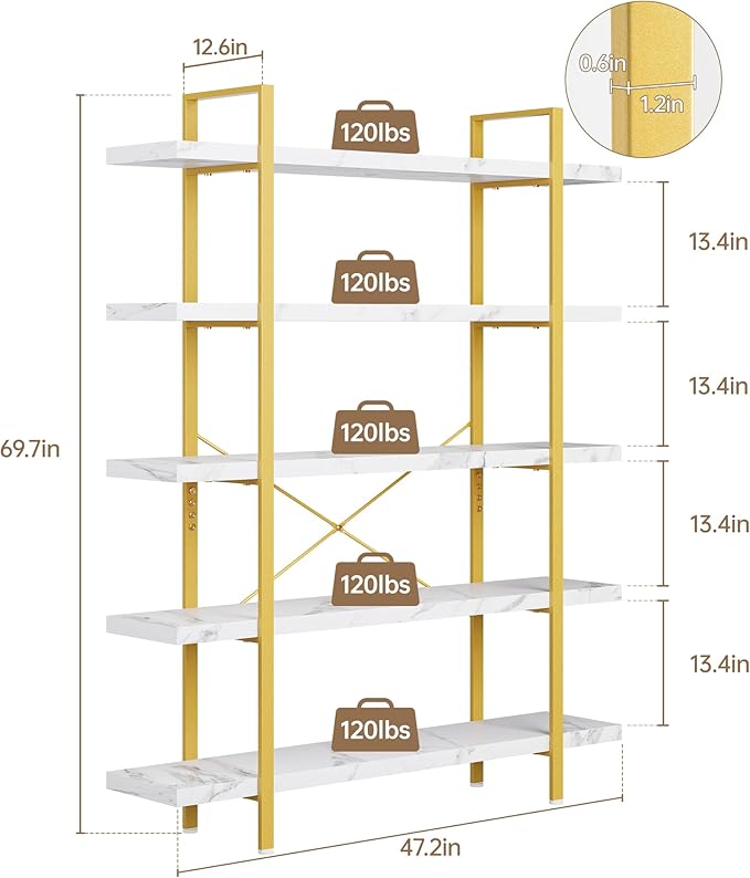 OtterOasis Bookshelf Set of 2, Heavy Duty 5-Tier Industrial Bookcase, 47" Wide Wood Bookshelf for Home Office, 120lbs Shelf Capacity, Open Display with Horizontal Shelf for Living Room Bedroom, White