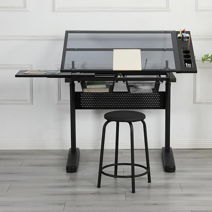 Glass Drafting Table, Height Adjustable Drawing Table with Storage & Stool, 75° Tilting Tops Art Table for Artists, Architects and Designers, Space-Saving & Specialty Options, Type 3-Black