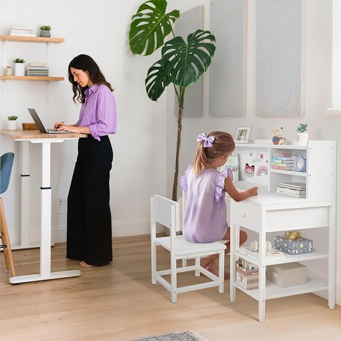 BOLUO White Kids Desk and Chair Set for 6-12 Year Old, Children Study Desk with Hutch and Storage Shelf, Student Writing Table with Fabric Drawer for Girls Boys