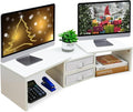TEAMIX Dual Monitor Stand Riser with 2 Drawers - Length and Angle Adjustable White Monitor Stand with Storage Large Computer Riser for 2 Monitors/Laptop/PC, Wood Screen/TV Stand Desk Organizer