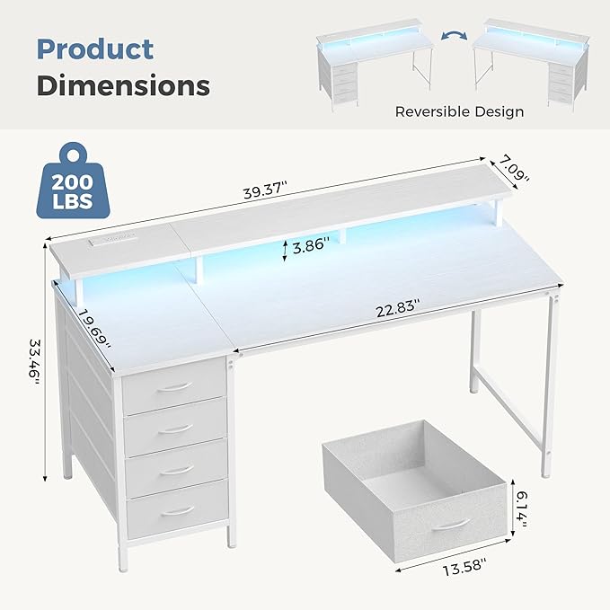 DUMOS 40 Inch Computer Desk with 4 Drawers,4 Drawer Gaming Desk with Power Outlets and LED Lights,Office Desk for Small Spaces with Monitor Shelf,Writing Desk for Home Office,Bedroom, Study,White