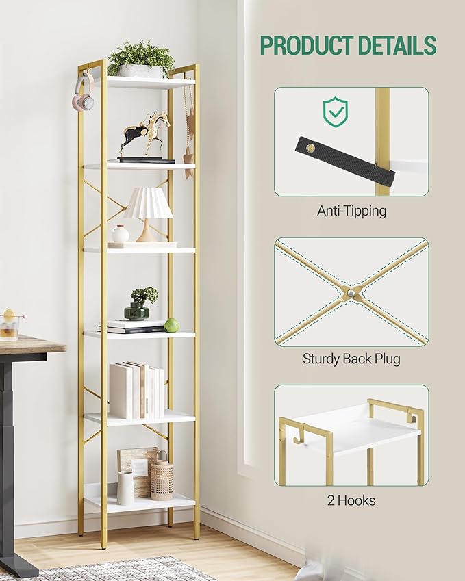 Hzuaneri Bookshelf, Book Shelf, Industrial Bookcase with 2 Hooks, Coner Shelf Storage Organizer for Home Office, Living Room, Bedroom, Kitchen, 6-Tier White-Gold BC10713G
