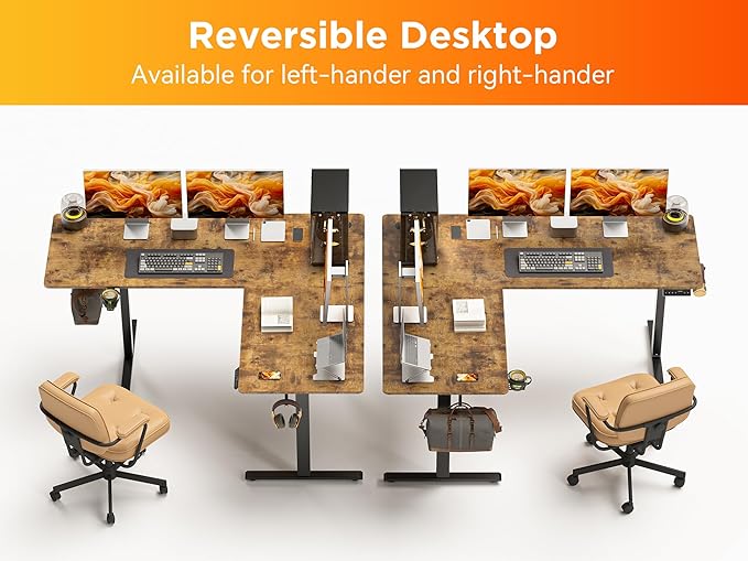 WALKINGDESK 55X45 Inches Reversible L Shaped Standing Desk Height Adjustable with Cup Holder, Electric Corner Computer Desk, Sit Stand up Home Office Desk, Ergonomic Gaming Desk, Rustic Brown