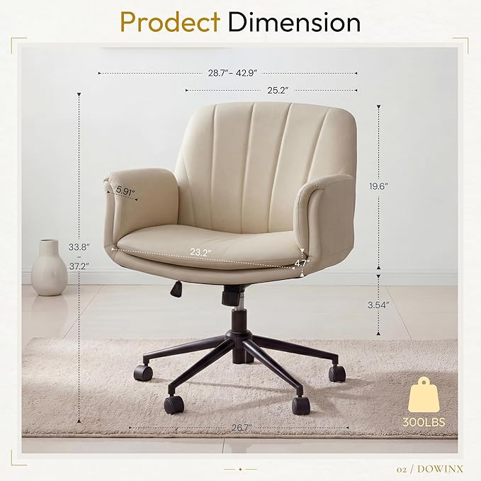Dowinx Criss Cross Chair with Five-Level Adjustable Arms and Wheels - Comfortable Ergonomic PU Leather Swivel Vanity Chair - Computer Makeup Gaming Chair for Home Office, Bedroom, Vanity Room (Khaki)