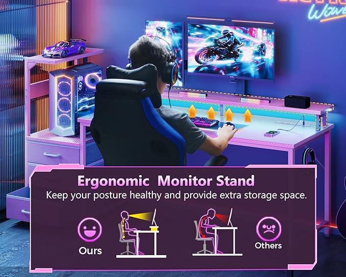 AODK 52 Inch Gaming Desk with USB Charging Ports & LED Light- Reversible Computer Desk with Storage Shelves & Monitor Stand, Modern Gamer Desk Table with Fabric Drawers, Pink