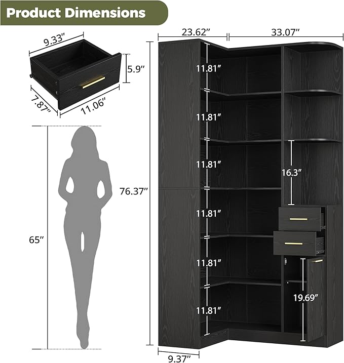 IRONCK Corner Bookshelf, 76" Tall Corner Bookshelves, 6 Tiers L-Shaped Bookcase with 10 Open Shelves and 2 Storage Drawers for Living Room or Home Office