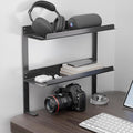 Delamu 2-Tier Clamp On Desk Shelf, 14.2in Desktop Shelves Organizer, Small Desk Organizer with Cord Hider, Table Extender Attachment Shelves for Workspace & Gaming Accessories, Black
