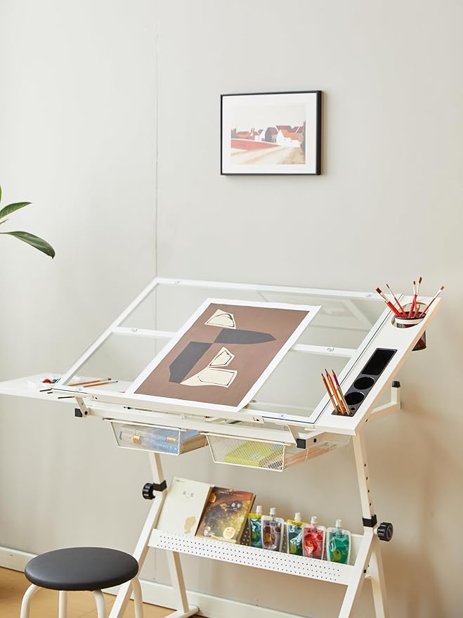 CuisinSmart Drafting Table w/Stool Height Adjustable Multifunctional Art Craft Diamond Paintings Work Station w/2 Storage Drawers Artists Desk Tilting Glass Tabletop for Home Office White