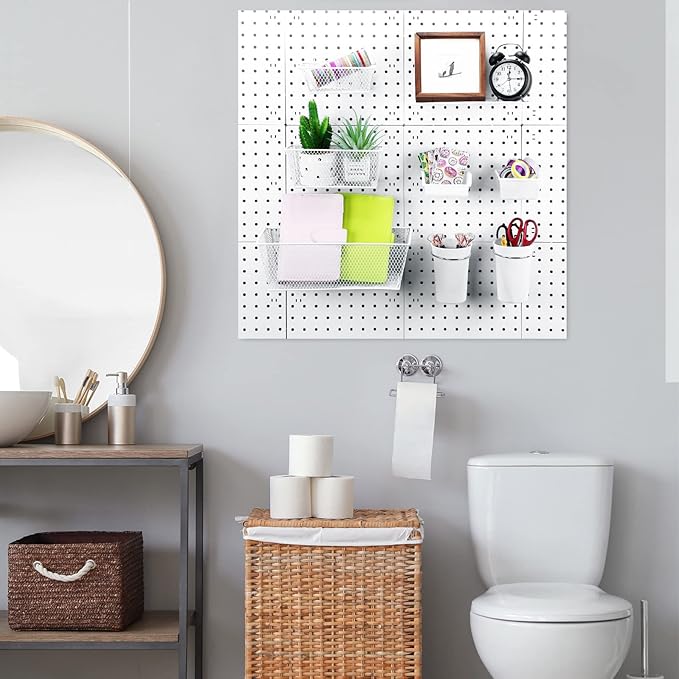 Sieral 30 Pcs Pegboard Organizer Accessories Kit Includes Peg Board Shelving Storage Basket Organizer Bins Hooks Loops Cup with Cup Holder for Garage Room Wall Attachments Tools(White, Silver)