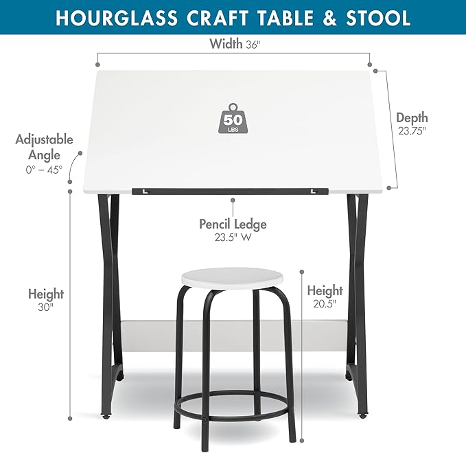 SD Studio Designs Hourglass Craft Table Angle Adjustable Drafting Table, Table+Stool