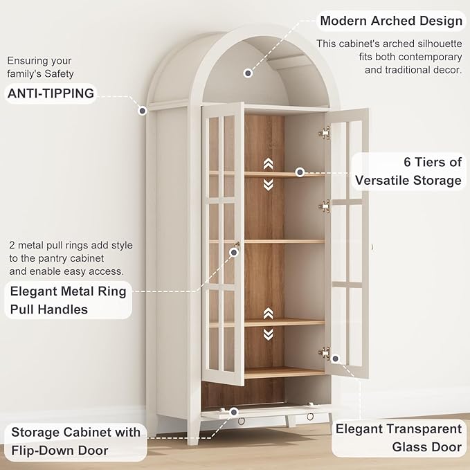 70" Tall Arched Cabinet, Modern Farmhouse Wooden Display Cabinet with Glass Doors, 6 Tier Bookshelf with Adjustable Shelves for Living Room, Office, Antique White