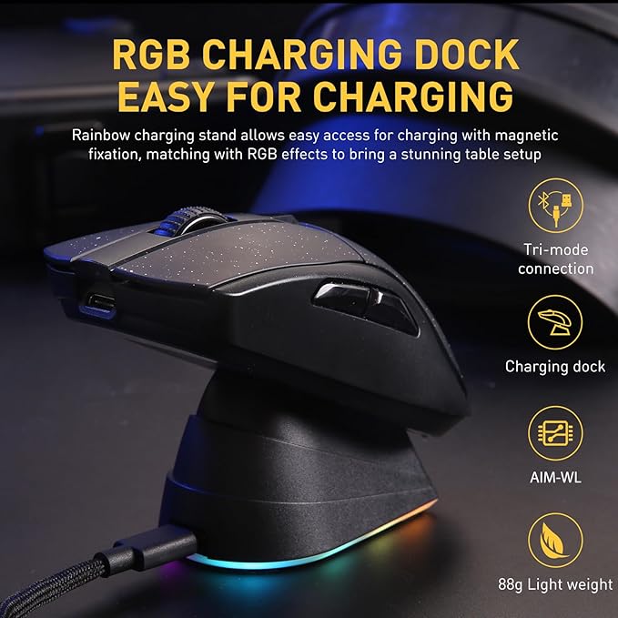 DAREU A950 Wireless Gaming Mouse with RGB Charging Dock,88g Lightweight Programmable Tri-Mode Wireless Mouse Gaming, Up to 12K DPI,1000Hz,120Hrs Playtime with RGB Backlit, Great for PC, Mac