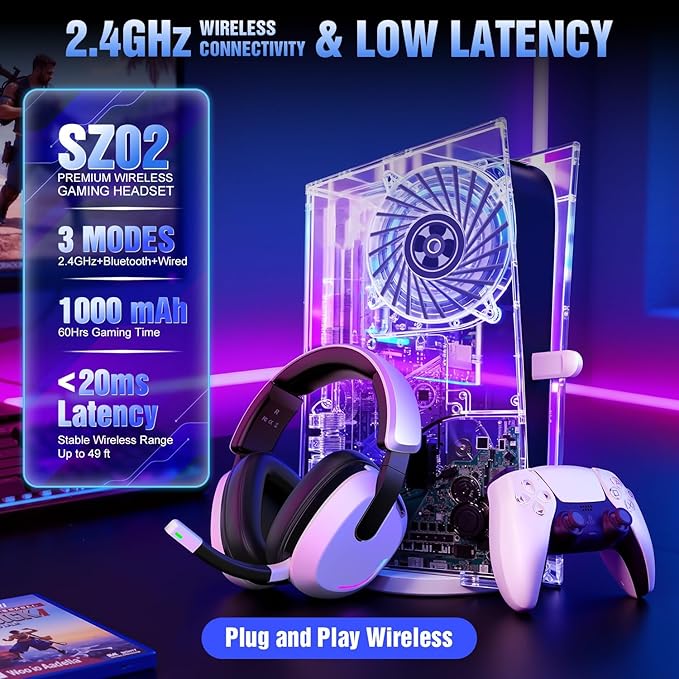YPBDAN Wireless Gaming Headset for PS5 PS4 PC Switch Mac - RGB Over-Ear Headphones with Noise Cancelling Mic, 60H Playtime, 7.1 Surround Sound, Bluetooth 5.4 & Memory Foam Ear Cushions