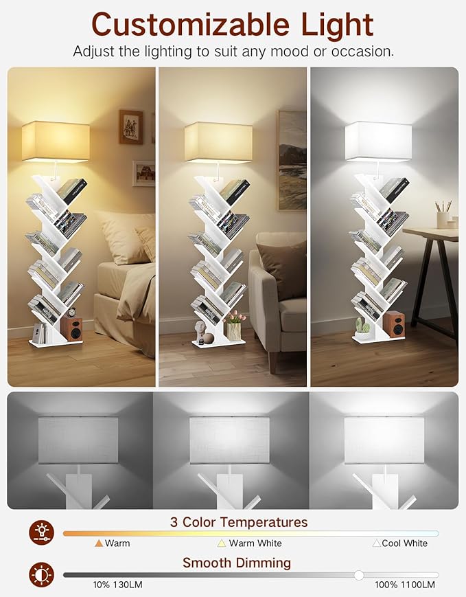 9 Tier Tree Bookshelf with Light, Remote & Timer, Dimmable Tall Floor Book Shelf, Narrow Wood Bookcase, Small Book Organizer Shelves for Living Room, Bedroom, Home Office (White)