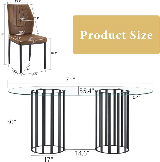 Table and chair set.71 inch oval tempered glass dining table,black double column light luxury style.Paired With 8 Comfortable Technology-Fabric Brown Chairs With Black Metal Legs. Accurate size, sui