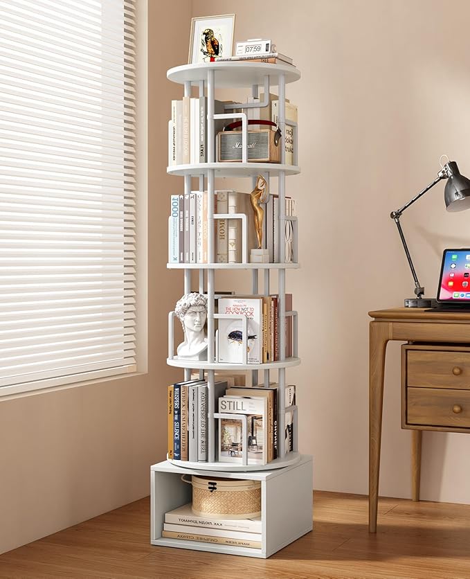 Kalrin 5 Tier Rotating Bookshelf with Extra Storage Cabinet, 360°Spinning Corner Bookshelf, Floor Standing Bookcase for Kids & Adult, Narrow Book Shelf for Bedroom Living Room, Pure White