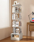 Kalrin 5 Tier Rotating Bookshelf with Extra Storage Cabinet, 360°Spinning Corner Bookshelf, Floor Standing Bookcase for Kids & Adult, Narrow Book Shelf for Bedroom Living Room, Pure White
