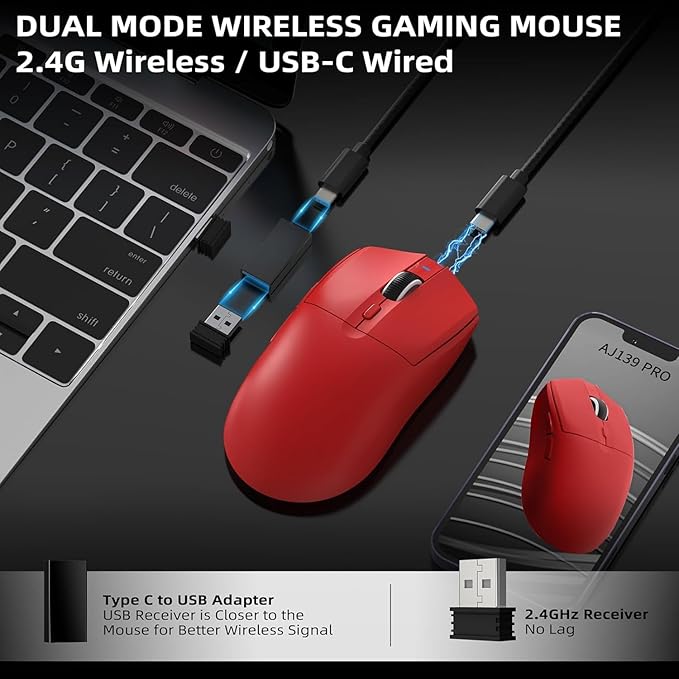A.JAZZ AJ139 G Pro Wireless Gaming Mouse Ultra-Lightweight 59g with Dual Mode-Type C Wired/2.4Ghz USB Receiver up to 26000DPI 6 Programmable Button Ergonomic Symmetric for PS4 Xbox PC Mac Gamer(Red)