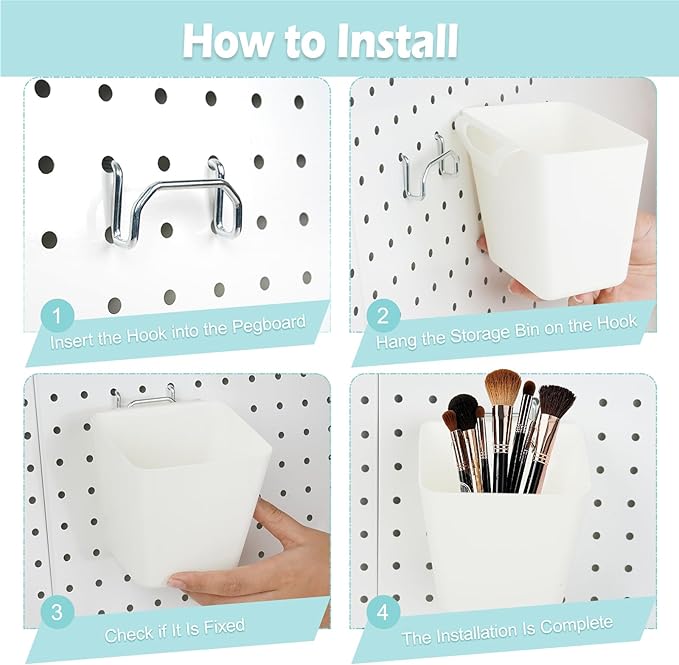 8 Pack Large Pegboard Bins with Hooks, Square Box Shape Peg Board Cups and Peg Board Accessories for Craft Room, Playroom, Office, Garage, and Wall Mount Organization (White)