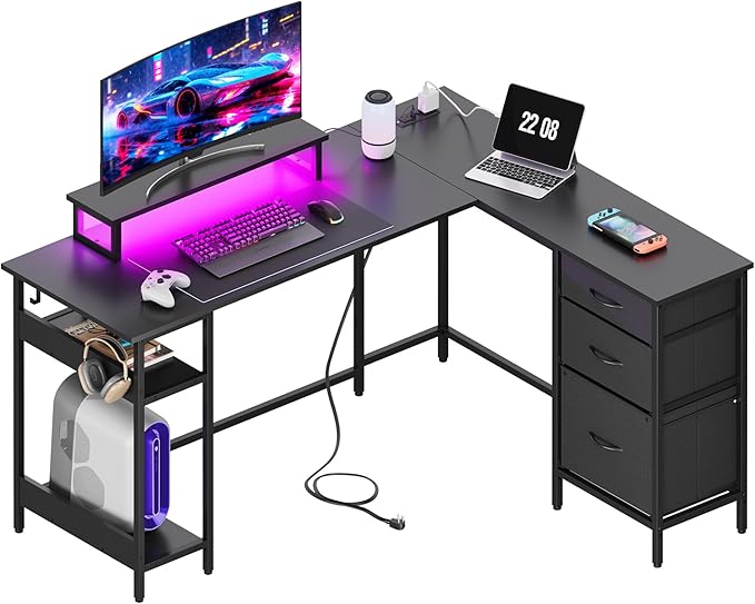DEVAISE L Shaped Gaming Desk with Drawers and Storage, L Shaped Desk with LED Lights, Power Outlets, PC Desk with Monitor Stand, Corner Desk for Home Office (Black, 55 Inch)