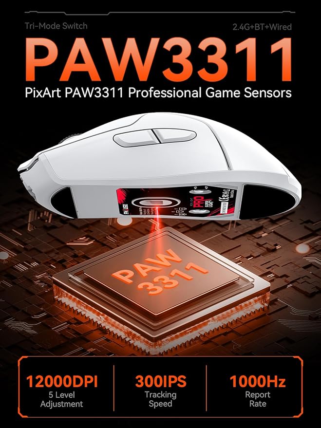 FMOUSE White Wireless Gaming Mouse, Tri Mode (2.4G/Bluetooth/Wired), PAW3311 Sensor, 12,000 DPI, 1,000Hz, 6 Programmable Buttons, USB C Rechargeable, Ergonomic Gamers Optical Mice for PC/Laptop/Mac