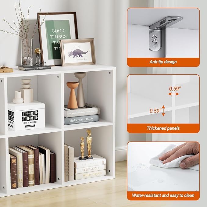 Wooden 6 Cube Storage Organizer with Closed Back Panel, Modern Open Cube Storage Shelf Bookshelf with Compartments, Cube Shelf Organizer for Living Room, Bedroom, Study Room (White)