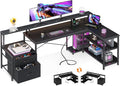 ODK 75" L Shaped Desk with File Drawers, Work from Home Office Desk with Power Outlet, Reversible Computer Desk with Storage Shelves, Gaming Desk with Monitor Shelf, Corner WFM Table, Black