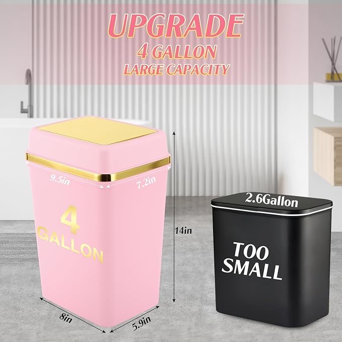 Bathroom Trash Can with Lid 4 Gallon Pink Trash Can Bedroom Trash Can Small Garbage Can with 300 Counts Trash Bags for Small Bathroom Bedroom Office
