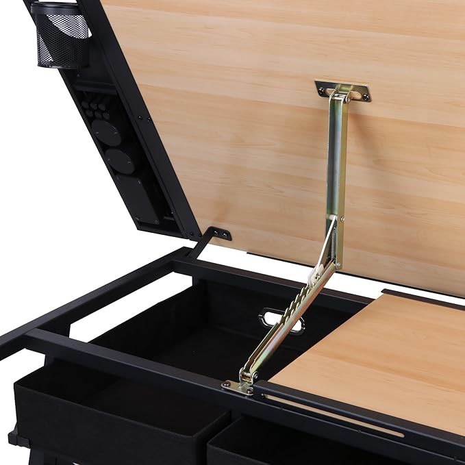 Adjustable Drafting Table Drawing Table, Tilting Tabletop Art Craft Desk w/2 Storage Drawers Stool for Home Office Crafting, Reading, Writing (Natural Wood)
