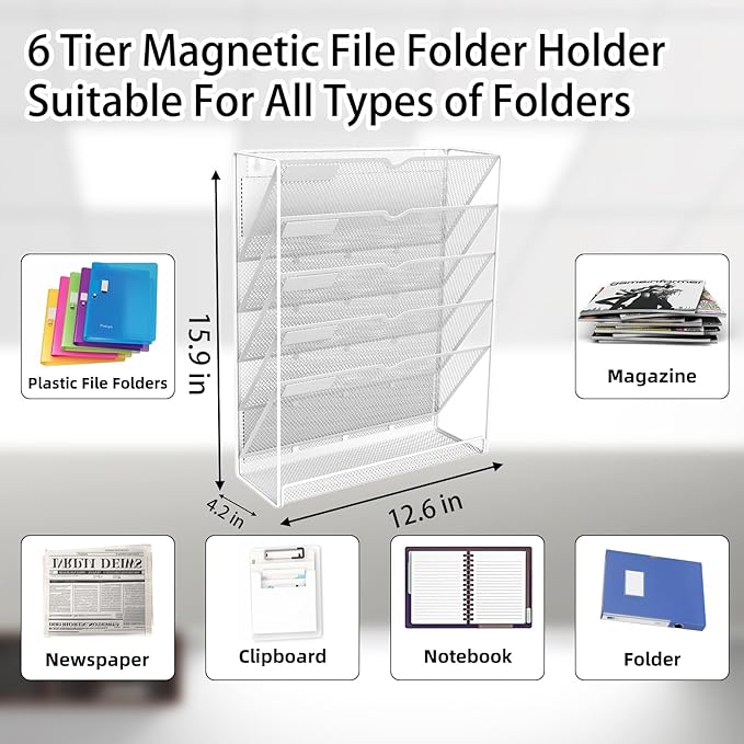 6 Tier Magnetic File Holder, No Drilling Installation File Cabinet Organizer,Black Magnetic File Holders, Magnetic Paper Holder for Refrigerator,File Cabinets, Whiteboard, White