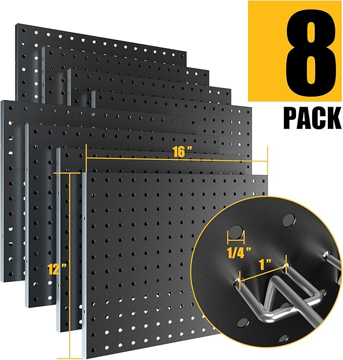Spampur Peg Board, 8 Pack Metal Pegboard Panels Black Pegboards Wall Organizer, Peg Board for Walls Home, Garage Tool Storage, Office Organization, Kitchen, Craft Room