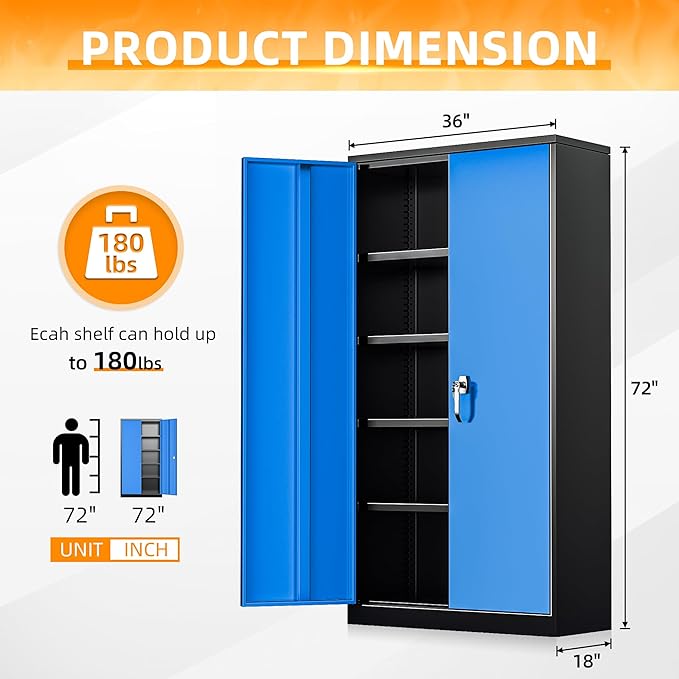 INTERGREAT Metal Storage Cabinet, 72” H Storage Cabinet with 2 Doors and 4 Adjustable Shelves for Office, Home, Garage (Assembly Required, Black Blue)