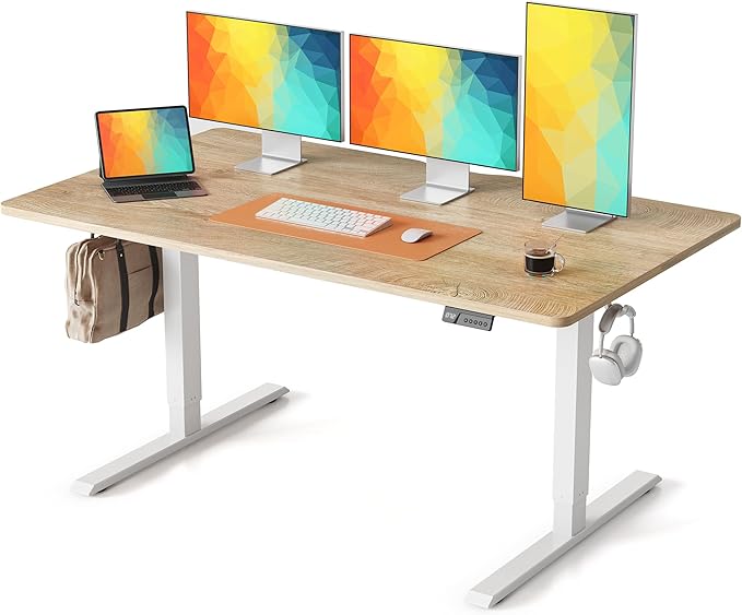 Cubiker Standing Desk, 63x28 Inches Sit Stand Home Office Desk, Electric Stand up Desk, Adjustable Desk with Splice Board, White Frame/Maple Top