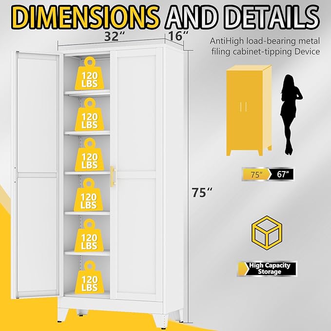 PAOFIN 75" Metal Storage Cabinet with 2 Doors and 5 Adjustable Shelves,White Metal Garage Storage Cabinets, File Cabinet,Steel Tool Cabinets for Home,Office,Garage,School,Warehouse