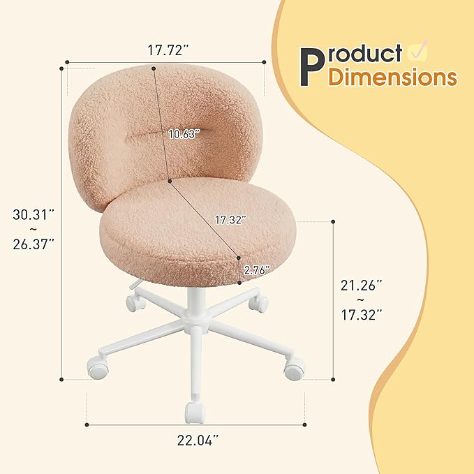 Homkdom Small Round Vanity Chair with Back, Armless Home Office Desk Chairs, Height Adjustable & 360° Swivel, Cute Comfy Vanity Computer Chair for Bedroom, Home Office, Yellow